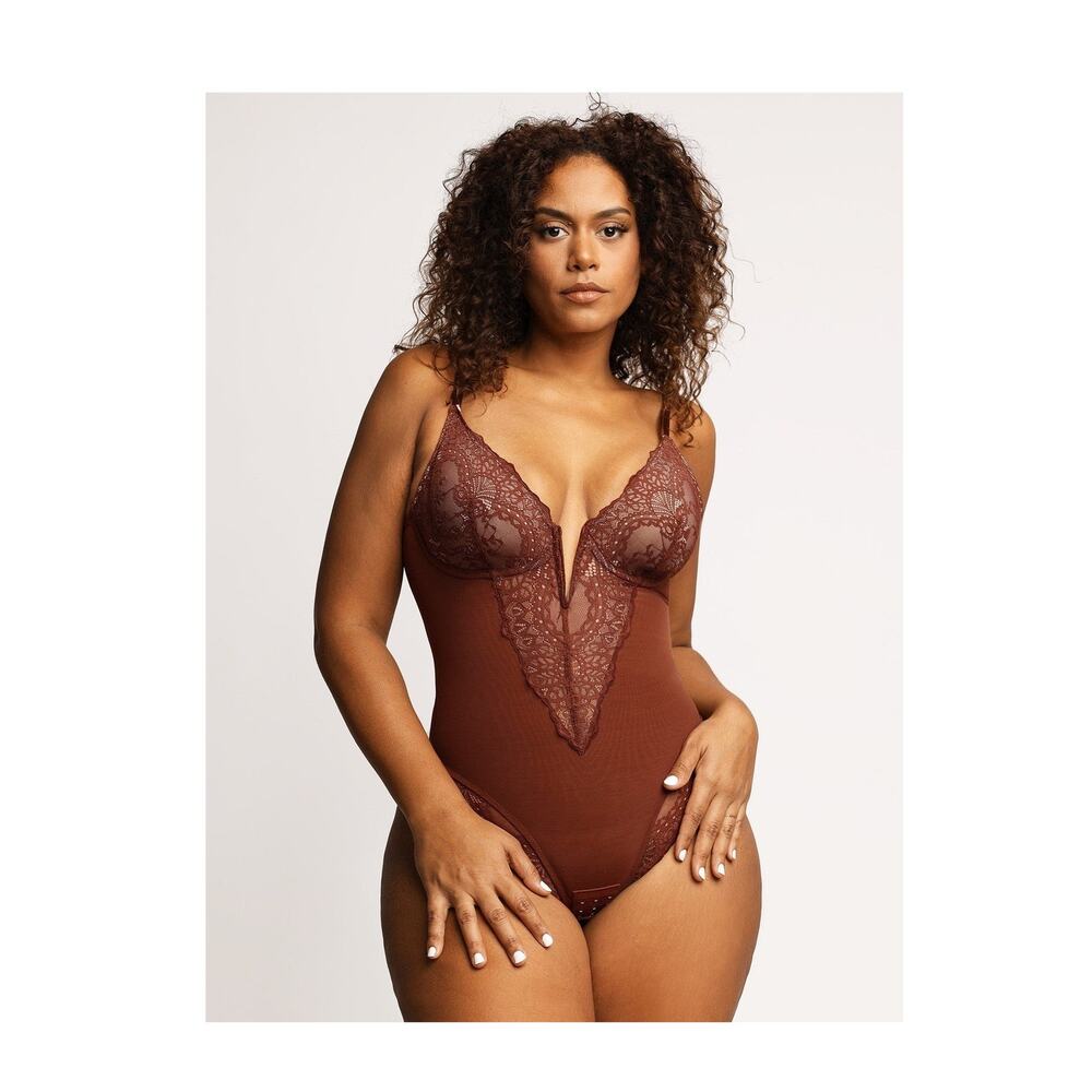 Populist Lace Deep-V Neck Brown Bodysuit Size 3X New